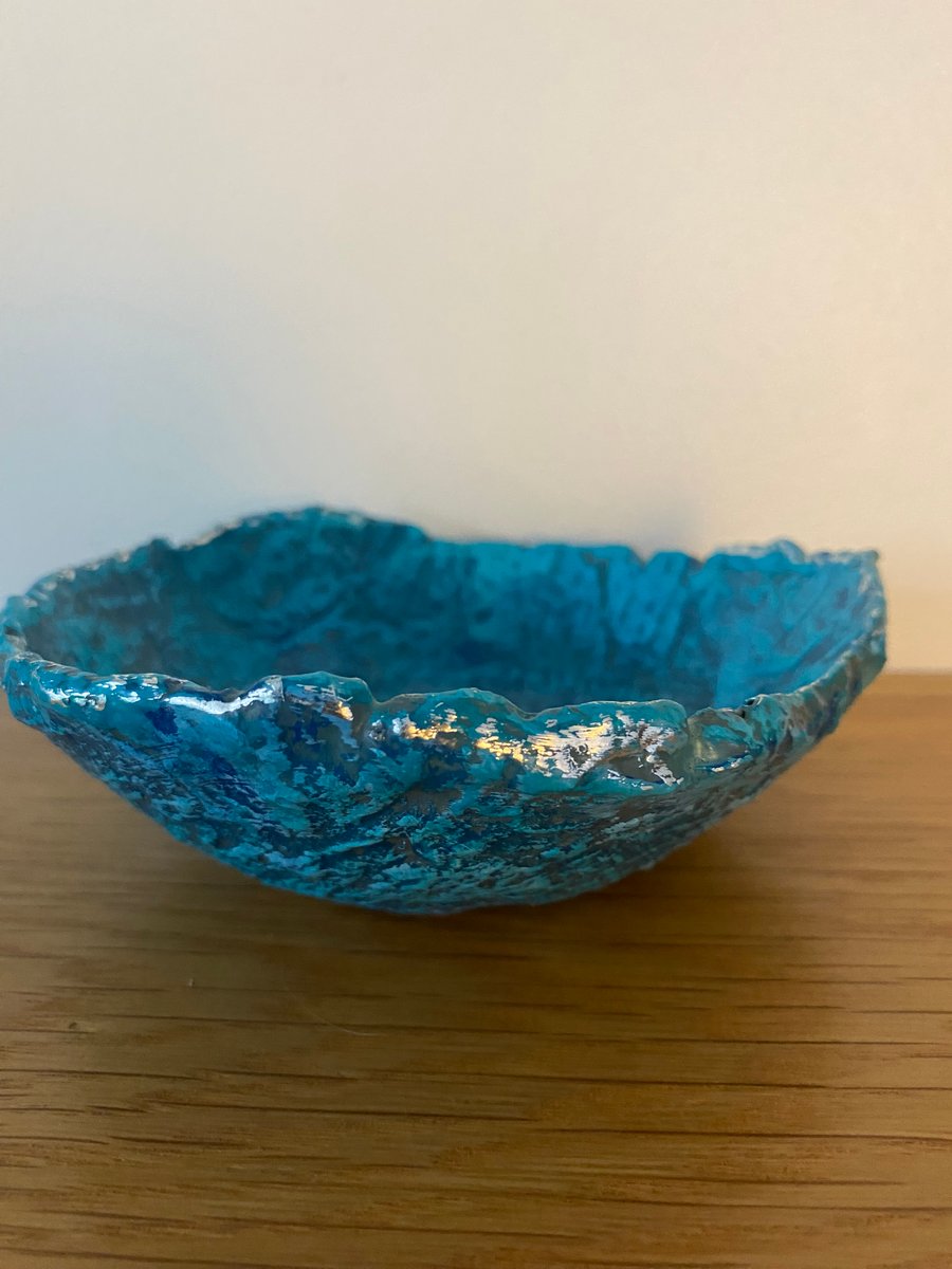 Turquoise bonbon dish. Recycled paper decorative eco friendly sustainable home