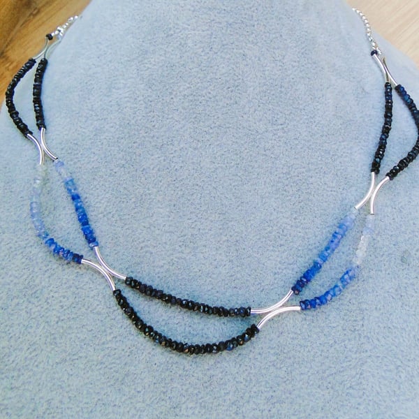 Sparkly blue sapphire gemstone necklace with sterling silver tubes and clasp  