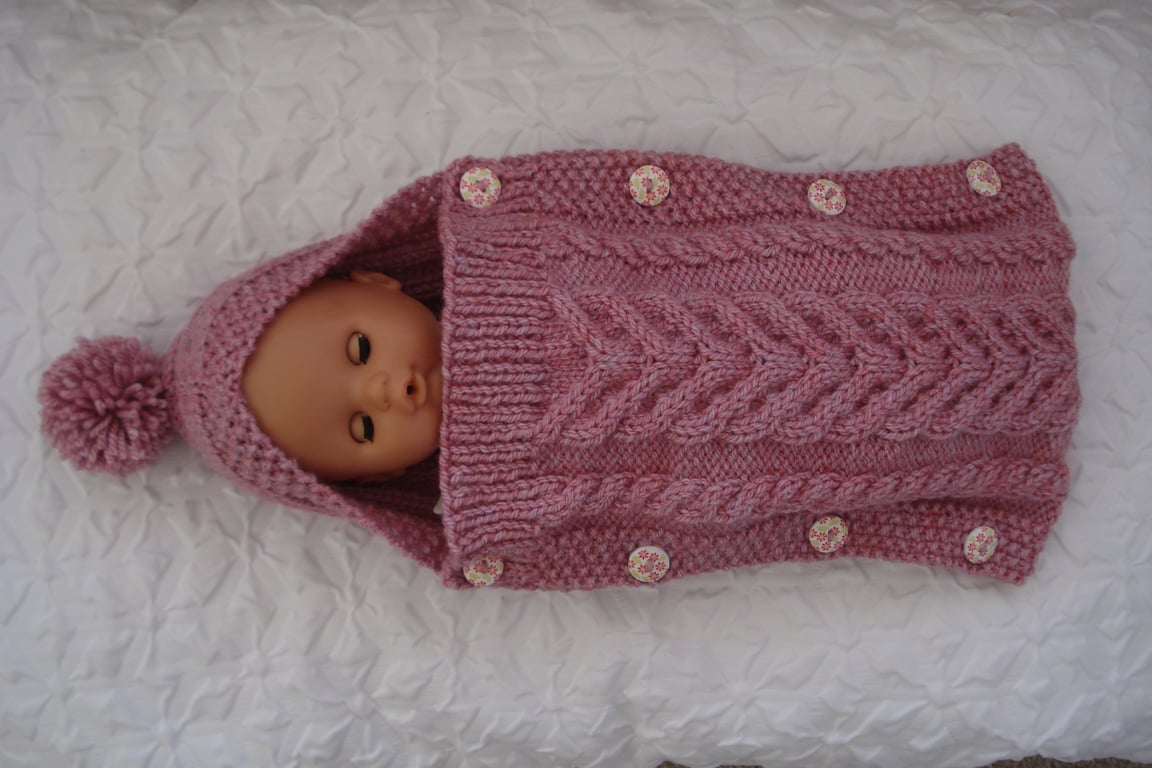 Knitted Pink Doll Sleep Bag Cocoon With Pretty Buttons (A120)