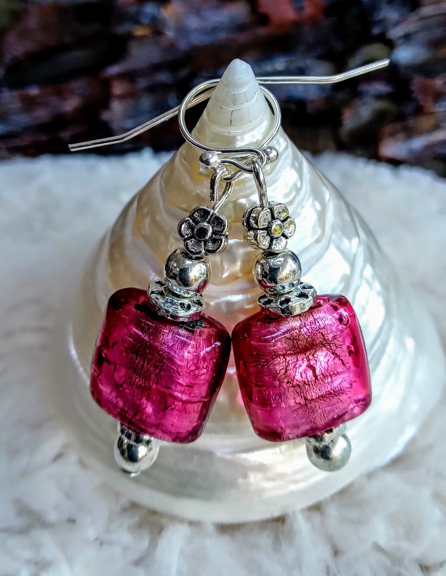 Hand-made pinky-purple silver-foiled LAMPWORK beaded silvertone EARRINGS