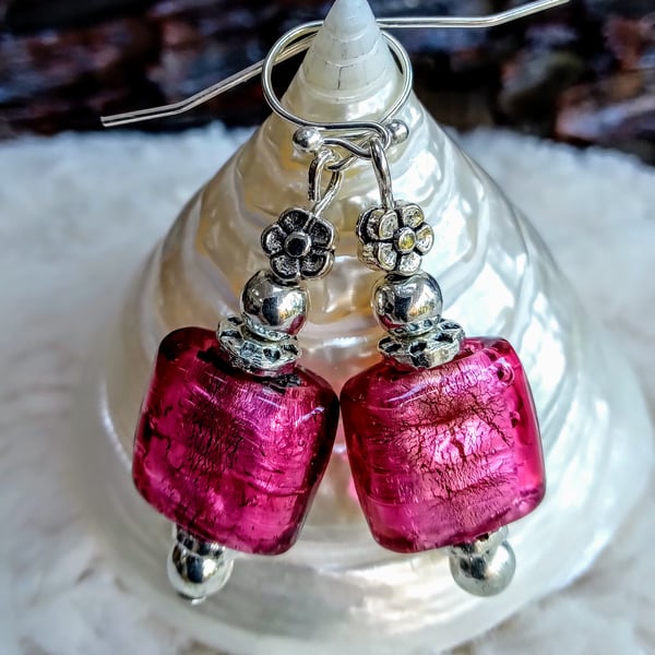 Hand-made pinky-purple silver-foiled LAMPWORK beaded silvertone EARRINGS