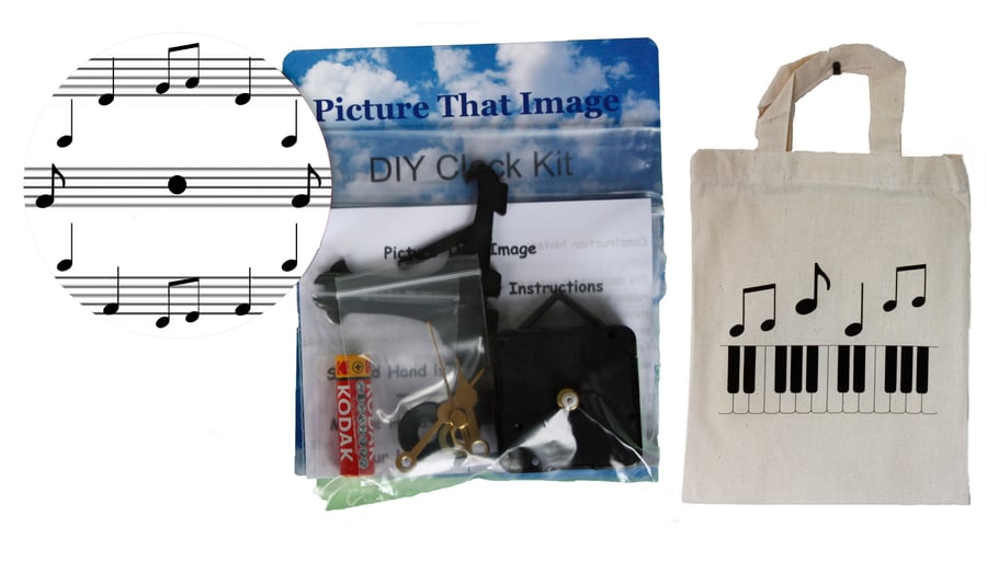 DIY 12cm Clock Kit Gift Set - Musical notes in a Canvas Bag with a similar Motif