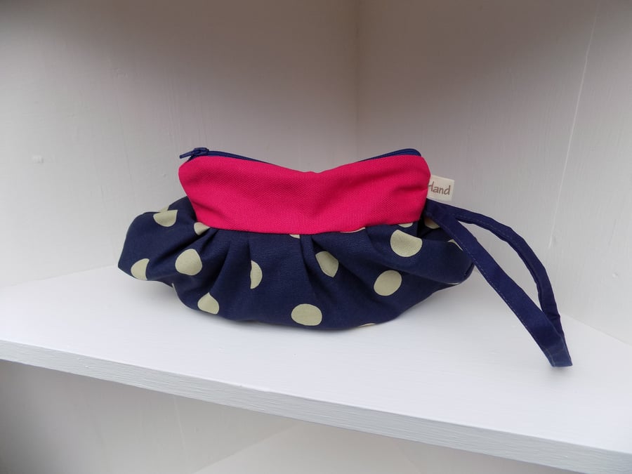 Evening Clutch Bag with wrist strap Navy Blue with Cream Polka Dots and Hot Pink