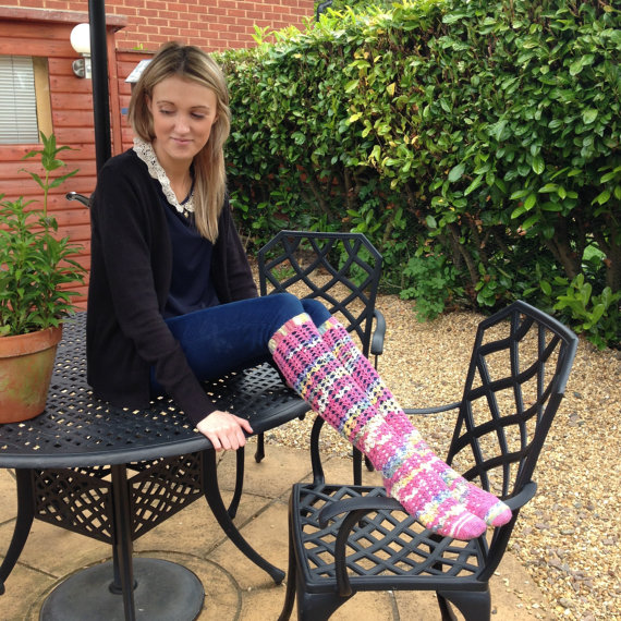 Ladies Crochet Lacey Knee-High Socks in Pink