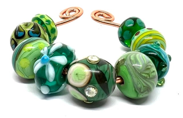 Handmade Lampwork Glass Beads – Botanical Green, Meadow & Flower Set of 9