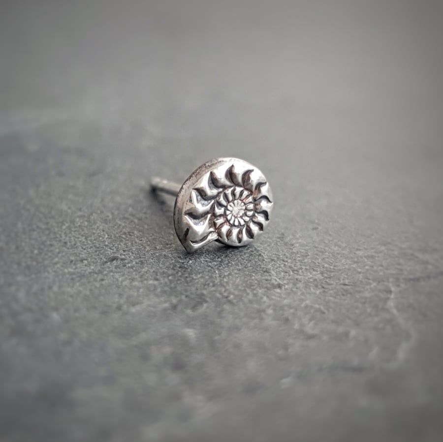 Ammonite stud earring in hypoallergenic silver