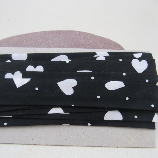 5m Handmade Narrow Black White Heart Cotton Bias Binding