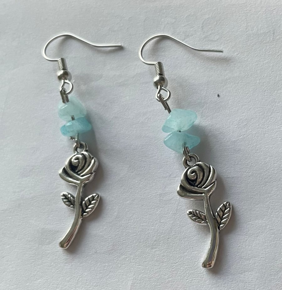 Handmade silver rose and gemstone drop earrings