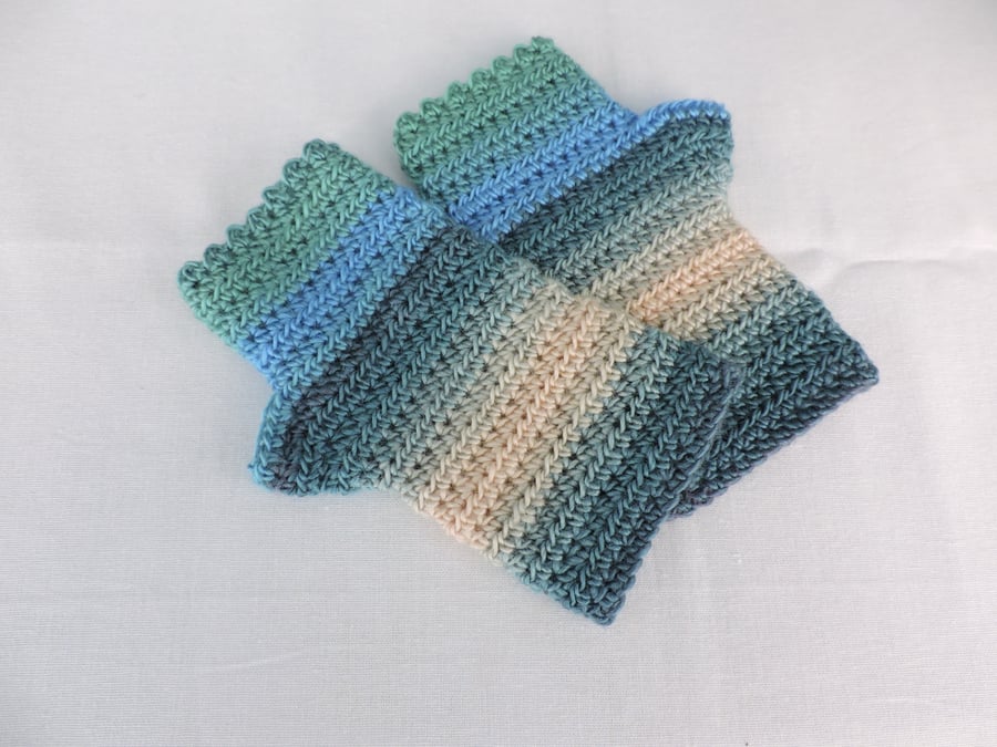 Fingerless Mitts Crocheted in teal sea green blue and cream