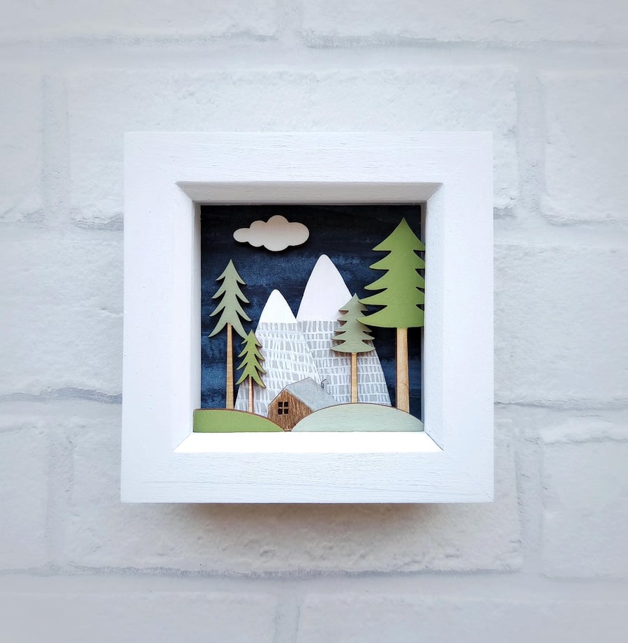 Cabin in the Mountains Picture, Miniature Diorama, Wilderness Shadow Box