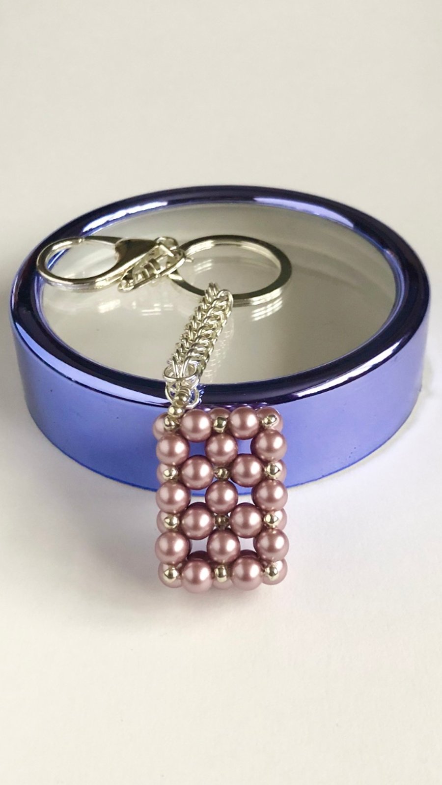 Pink Rectangle Crystal Pearl Handbag Charm, with a Chainmaille Chain and Keyring