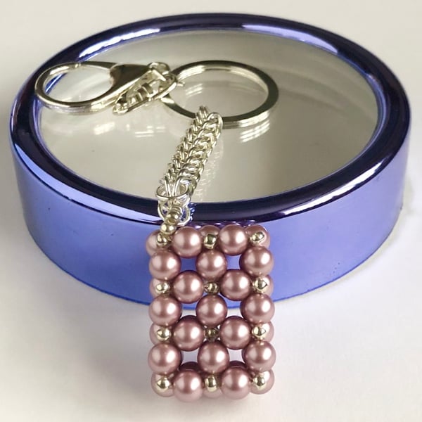 Pink Rectangle Crystal Pearl Handbag Charm, with a Chainmaille Chain and Keyring