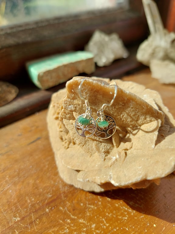 Sterling Silver and Emerald Tree of Life Earrings - May Birthstone