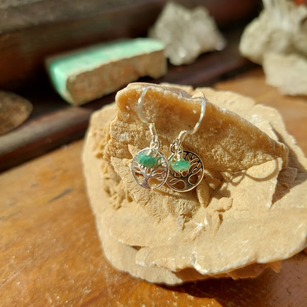 Sterling Silver and Emerald Tree of Life Earrings - May Birthstone