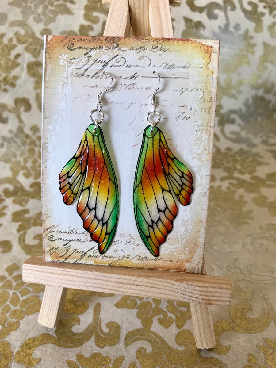 Orange and Green Double Fairy Wing Earrings Sterling Silver