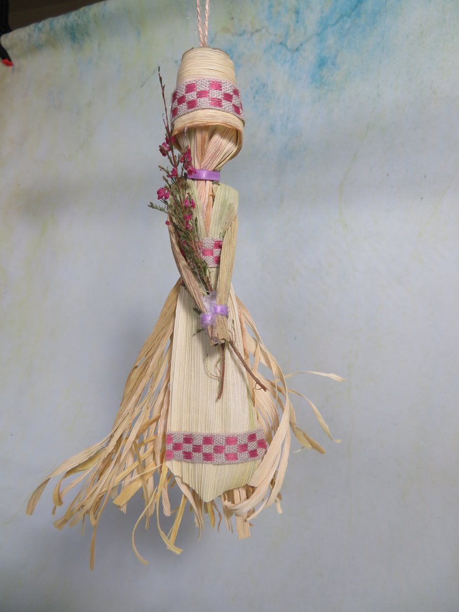 Violet Ribboned Corn Husk Doll with Wild Heather