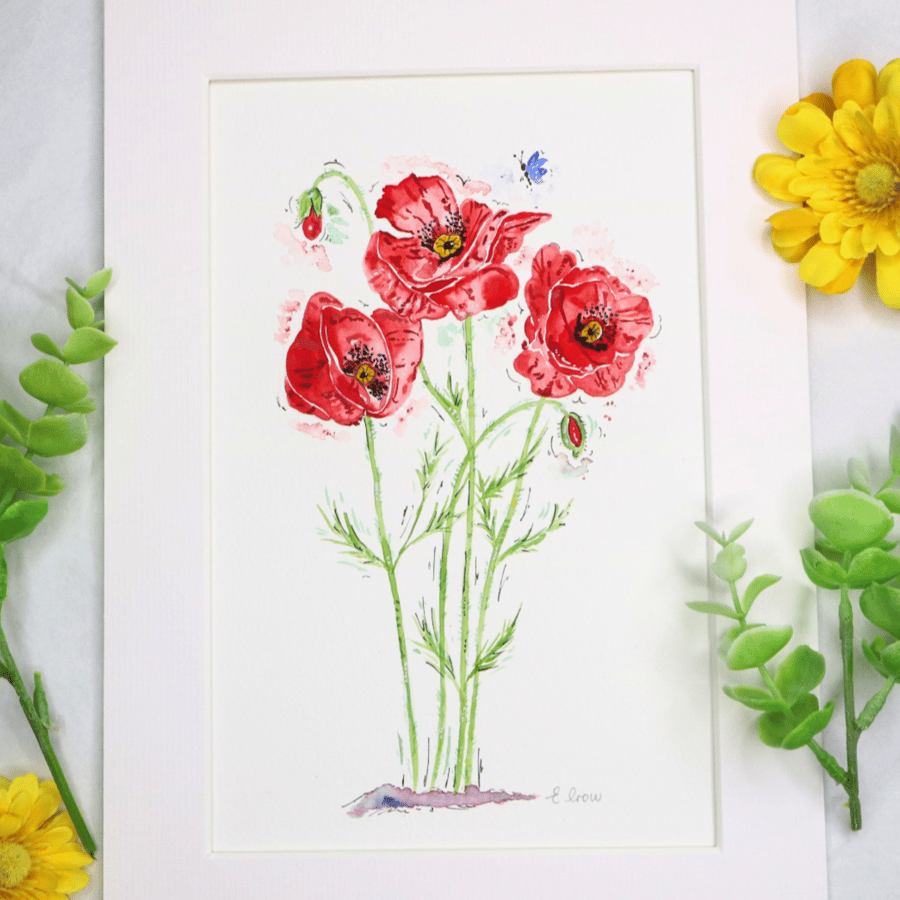 Poppy hand-painted original watercolour flower painting (not a print)