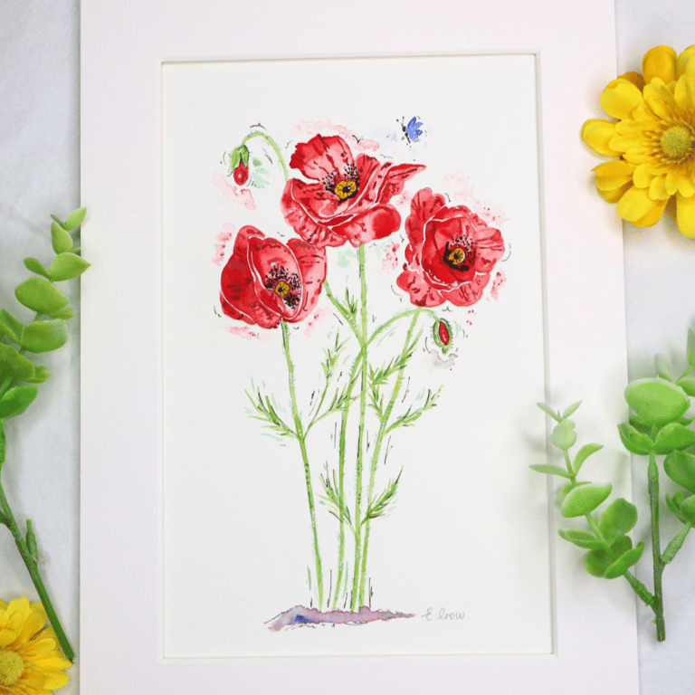 Poppy hand-painted original watercolour flower painting (not a print)