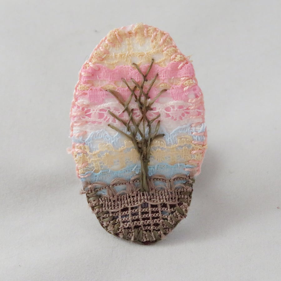 Winter Sunset Brooch Hand Embroidered Layered Lace