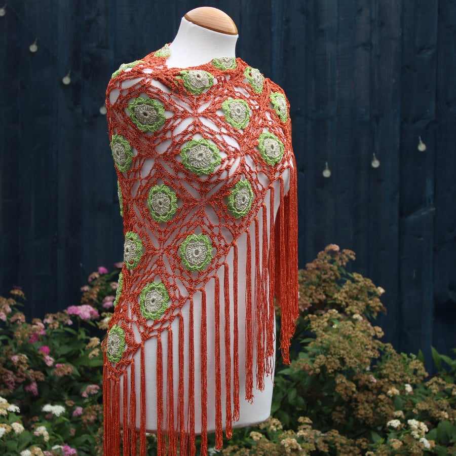 Crochet triangular shawl in sparkly gold, lime and burnt orange - design LF433