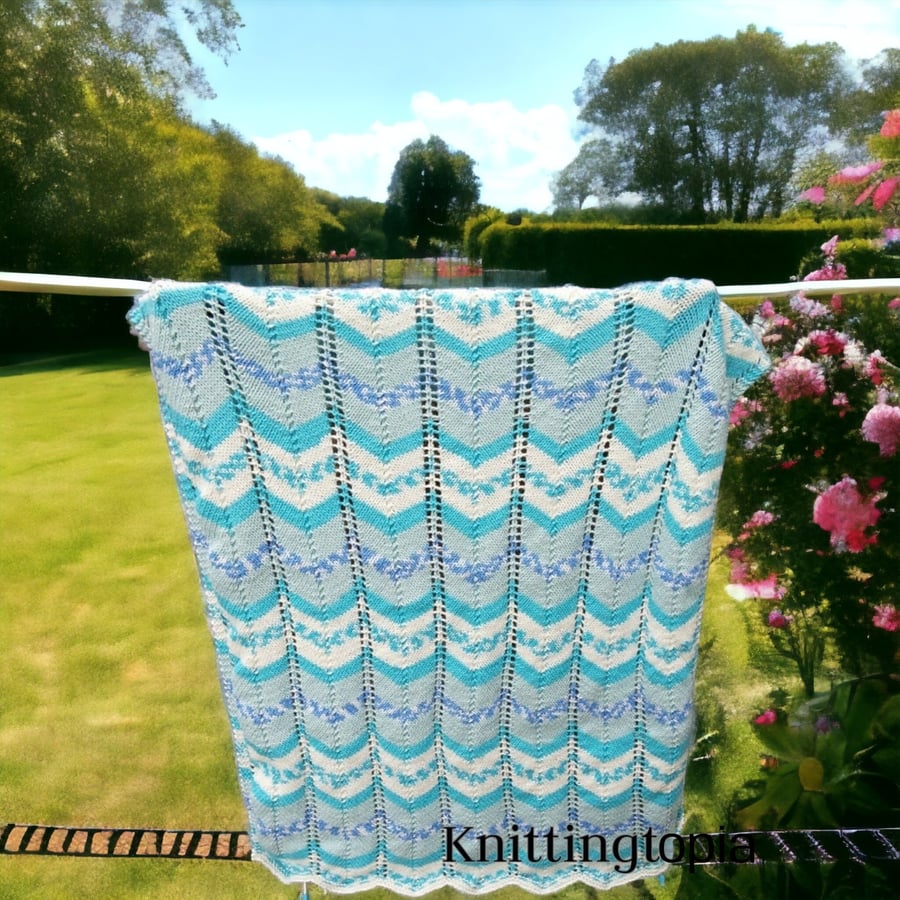 Hand knitted baby pram blanket - baby turquoise chevron - baby Afghan - pram 