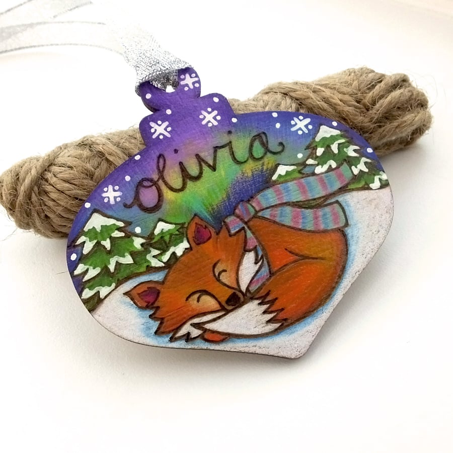 Personalised fox pyrography with aurora, Christmas bauble shape tree decoration