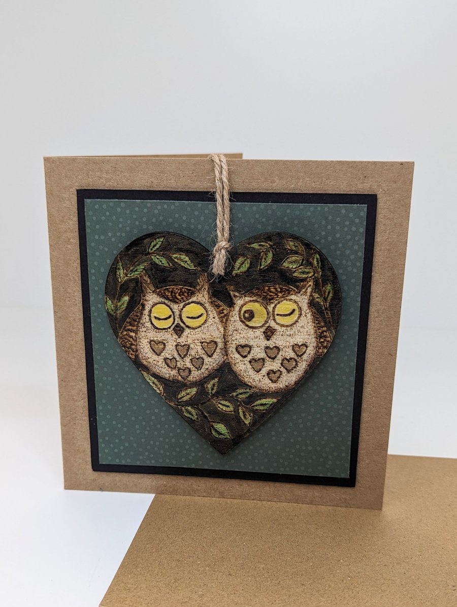 Owl handmade greetings card with pyrography owls keepsake for anniversary
