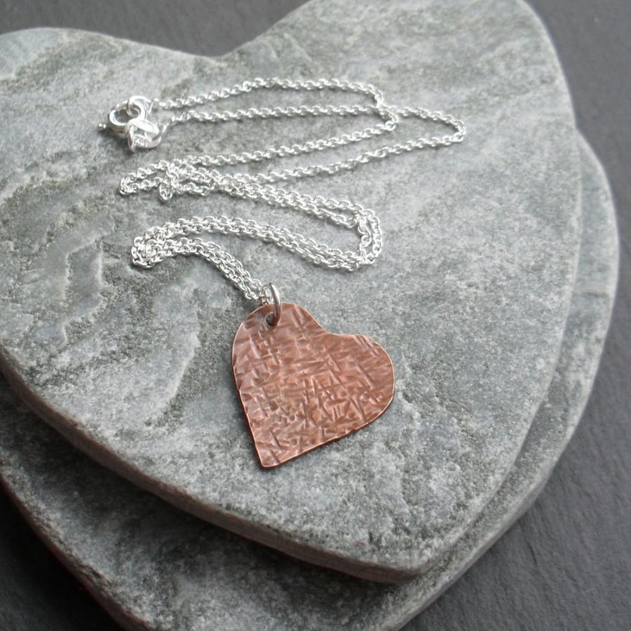 Vintage Copper Small Heart Pendant With Sterling Silver Chain