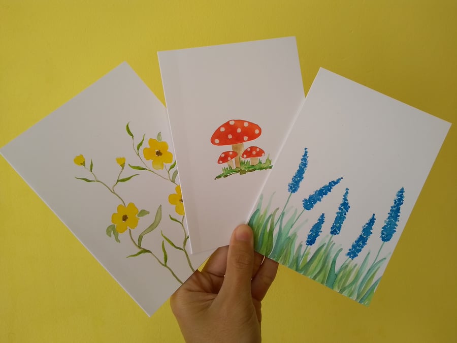 Set of 3 Hand Painted Original Watercolour Greetings Cards Note cards Blank Card