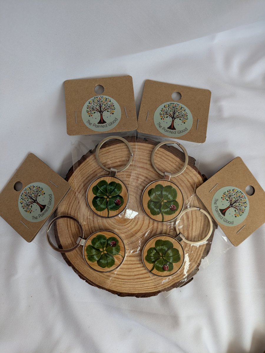 Hand Painted Bamboo & Metal Keyring, Clover & Ladybird