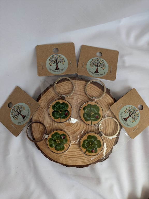 Hand Painted Bamboo & Metal Keyring, Clover & Ladybird