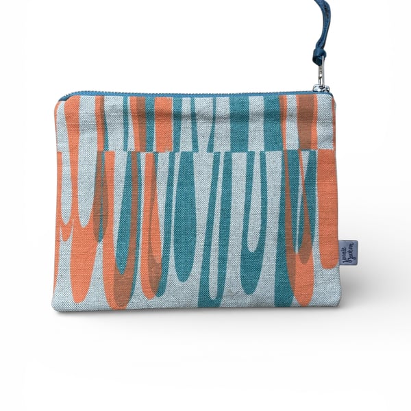 SECONDS SALE - Hand printed zip pouch - Coral pink and powder blue