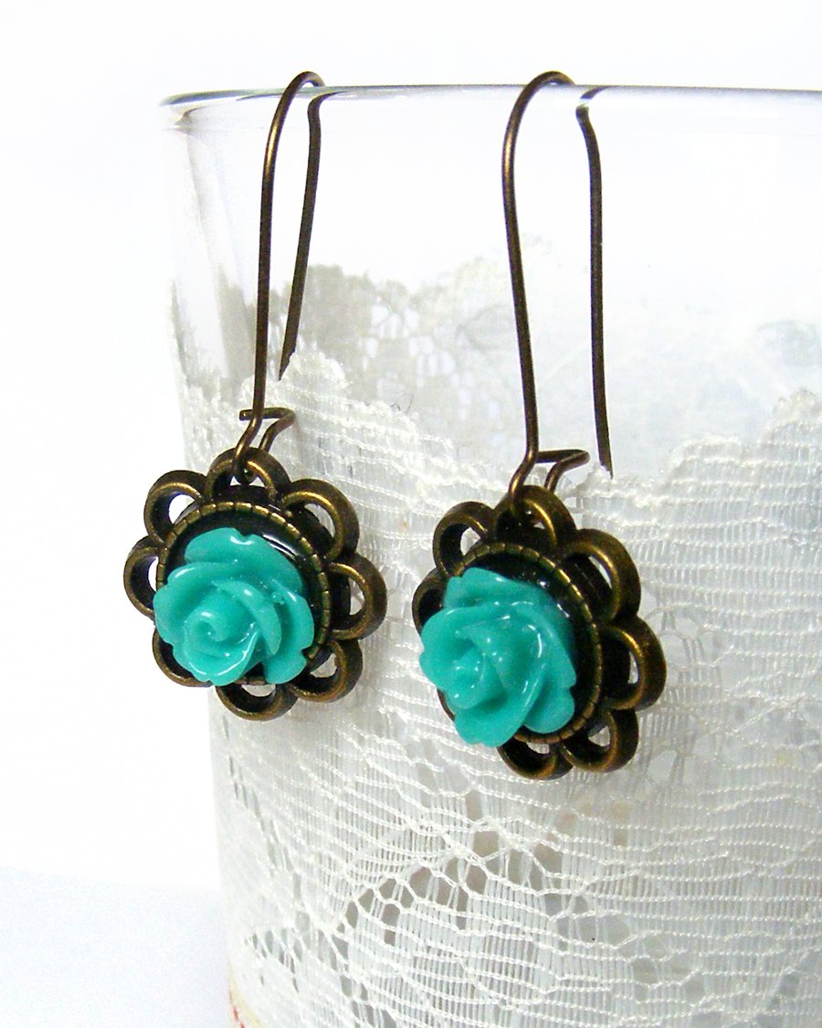 Pretty Bronze Earrings with Blue Rose Cabochons