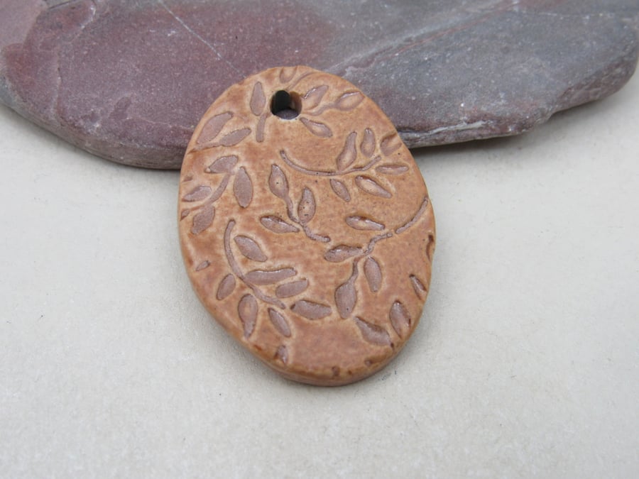 Large Sand Brown Leaf Sprig Ceramic Pendant