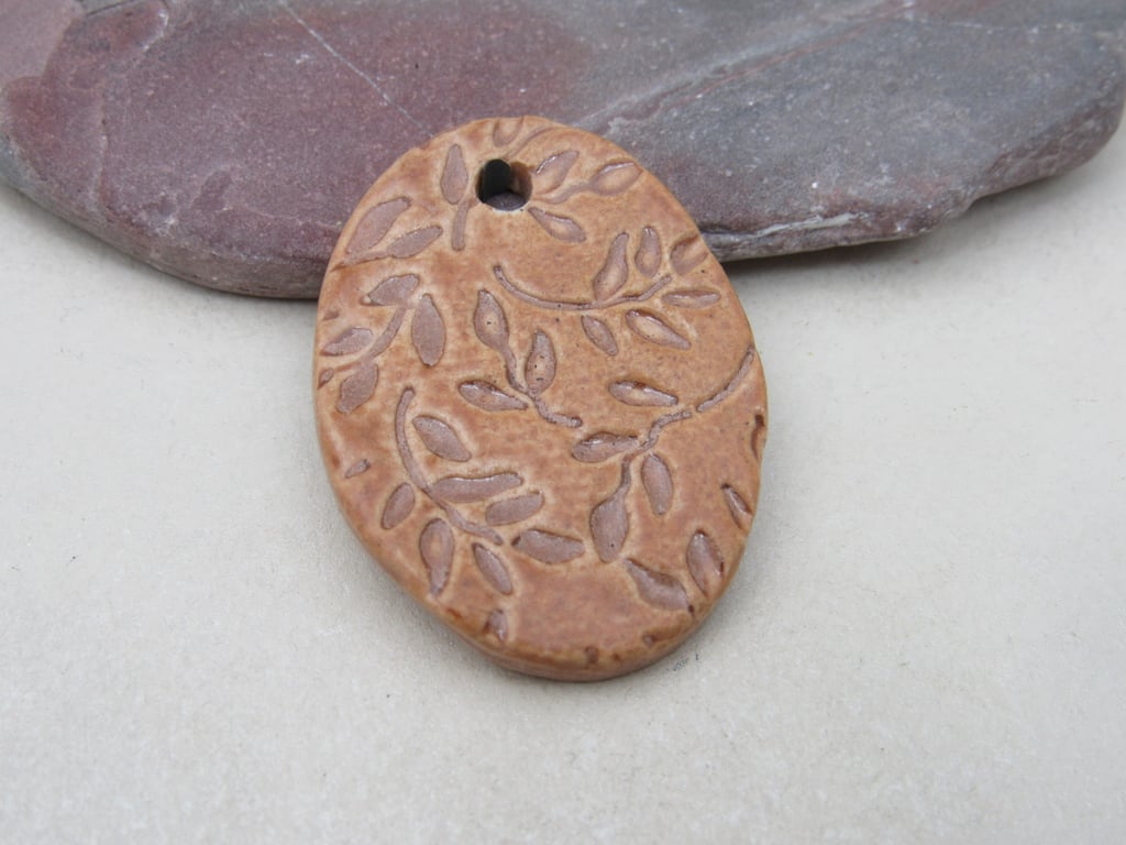 Large Sand Brown Leaf Sprig Ceramic Pendant