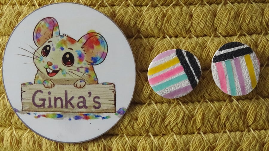 Pastel Stripe Polymer Clay Stud Earrings – Handmade