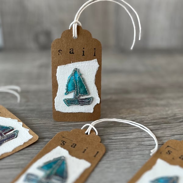 Set of  Four Embroidered Sail Boat Gift Tags 