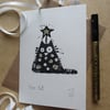 Tree Cat - lino cut print Christmas card (gold)