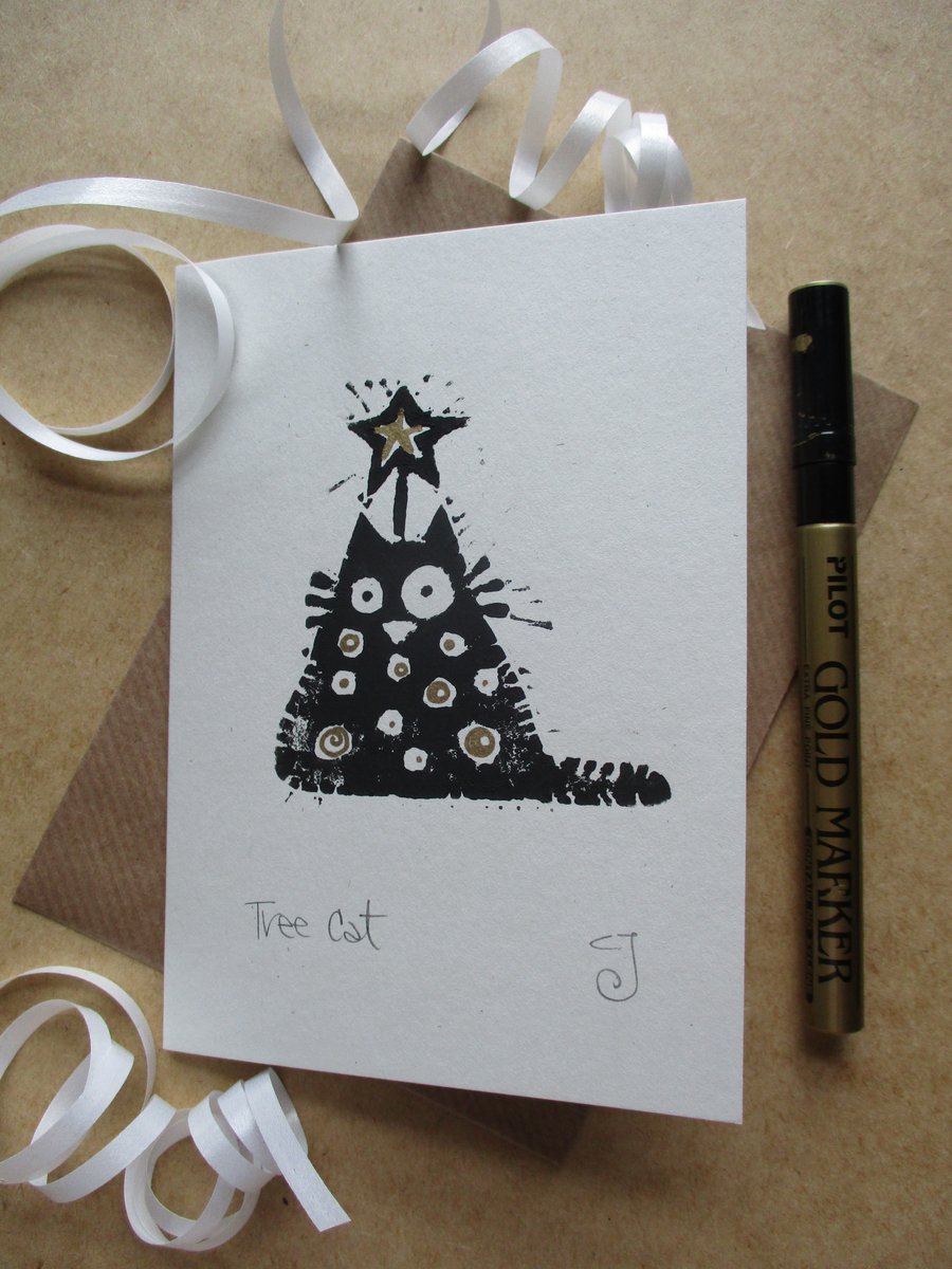 Tree Cat - lino cut print Christmas card (gold)