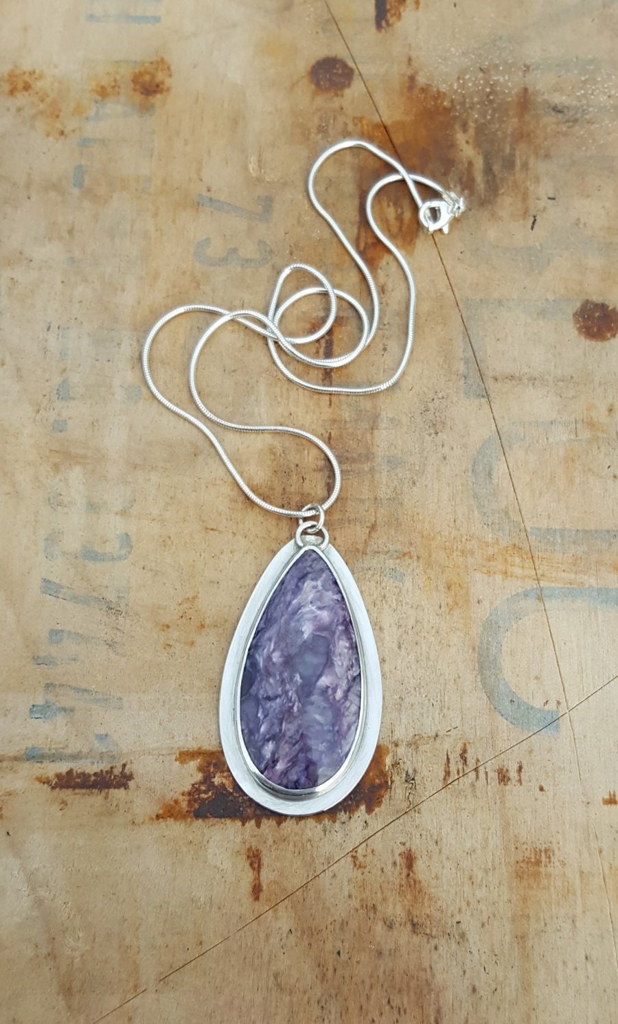 Large Charoite Pendant, natural gemstone, sterling silver, valentine gift, handm