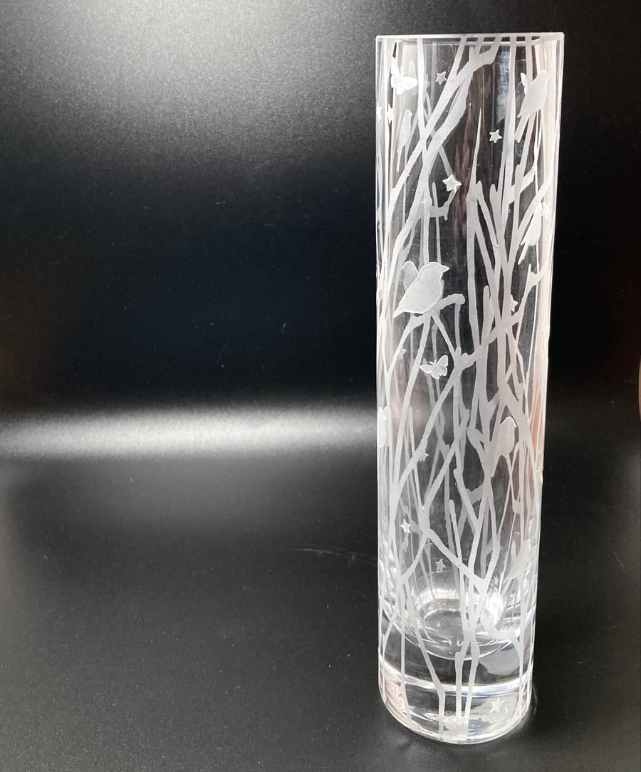 Seconds Sunday - Slim Column Vase with Twigs, Birds and Stars Design