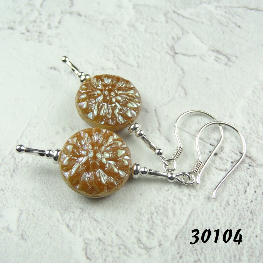Beige Czech glass drop earrings, sterling silver, dahlia flower (30104)
