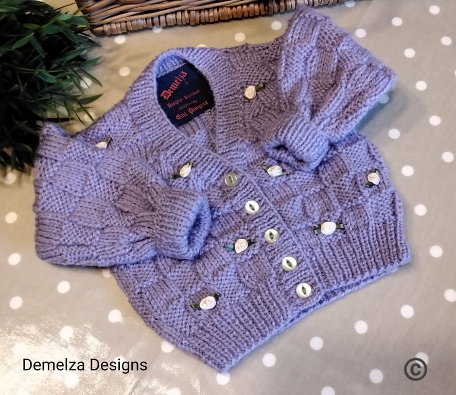 Baby Girls Hand Knitted Lilac Flower Cardigan 3-9 months size