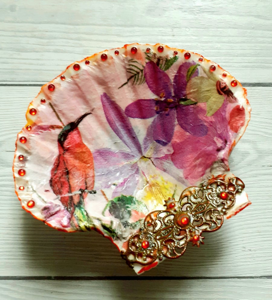 Decoupaged Tropical Flowers  and Bird Scallop Shell Trinket Dish 