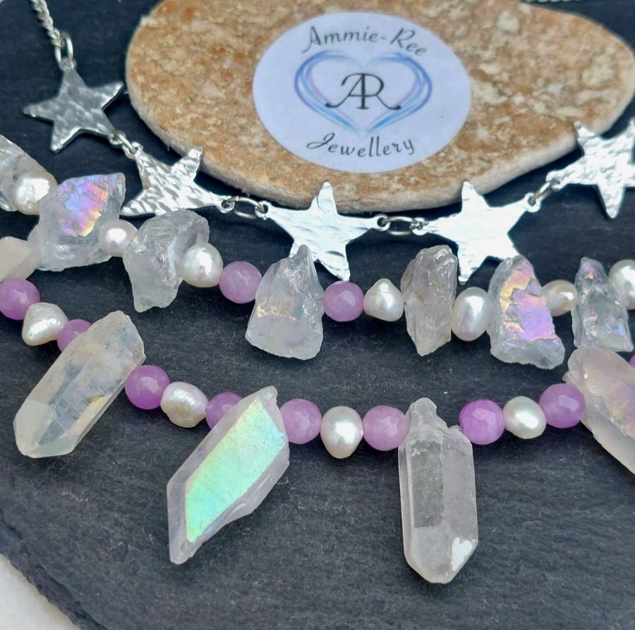 Set of 3 layering Healing Crystal and hammered Necklaces,  celestial Necklaces,