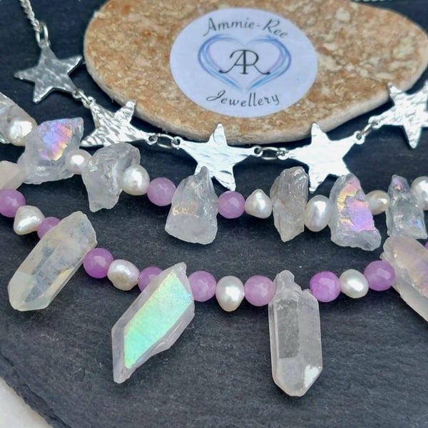 Set of 3 layering Healing Crystal and hammered Necklaces,  celestial Necklaces,