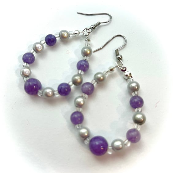 Lavender Quartz Beaded Hoop Earrings