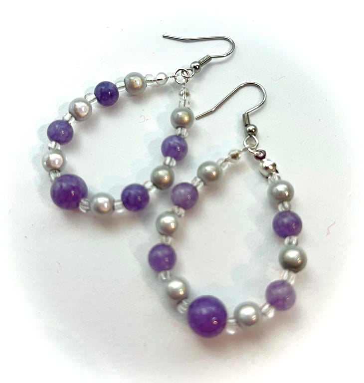 Lavender Quartz Beaded Hoop Earrings