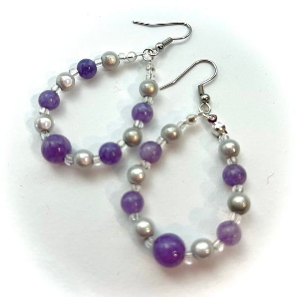 Lavender Quartz Beaded Hoop Earrings