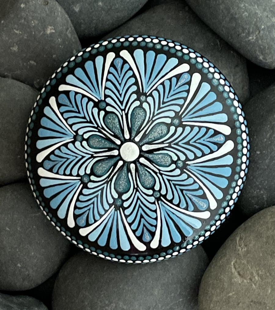 Blue Mandala Painted Rock Art Stone Acrylic Art Painting Hand Painted Unique